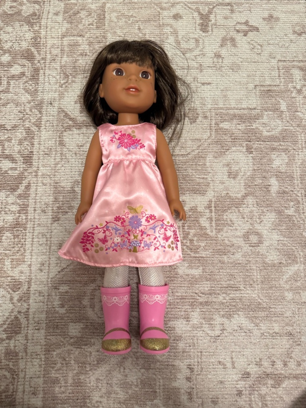 American Girl Pink Floral Satin Dress Doll with Pink Glitter Boots